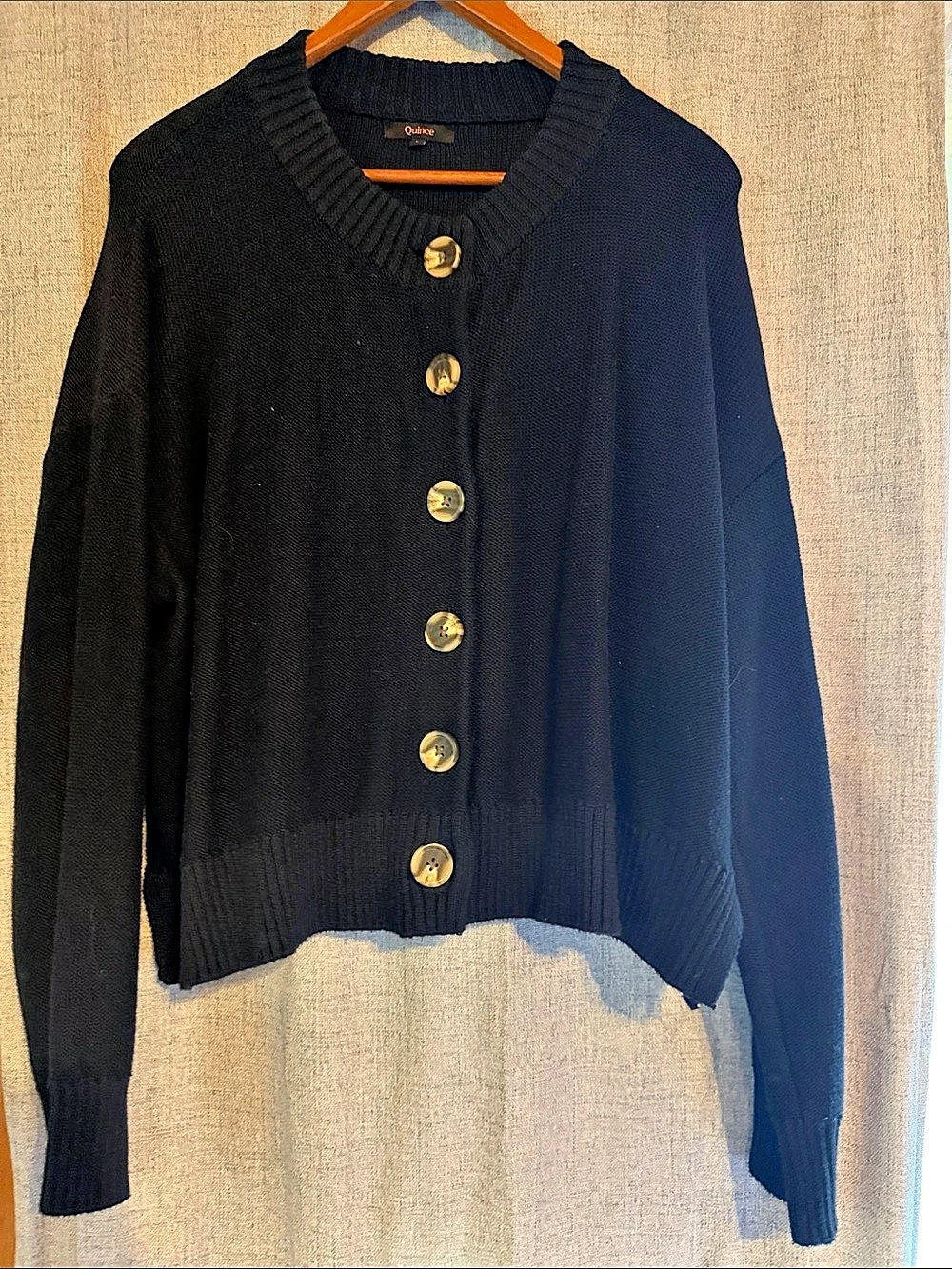 Quince Lightweight Cotton Cashmere Crew Cardigan Black Large